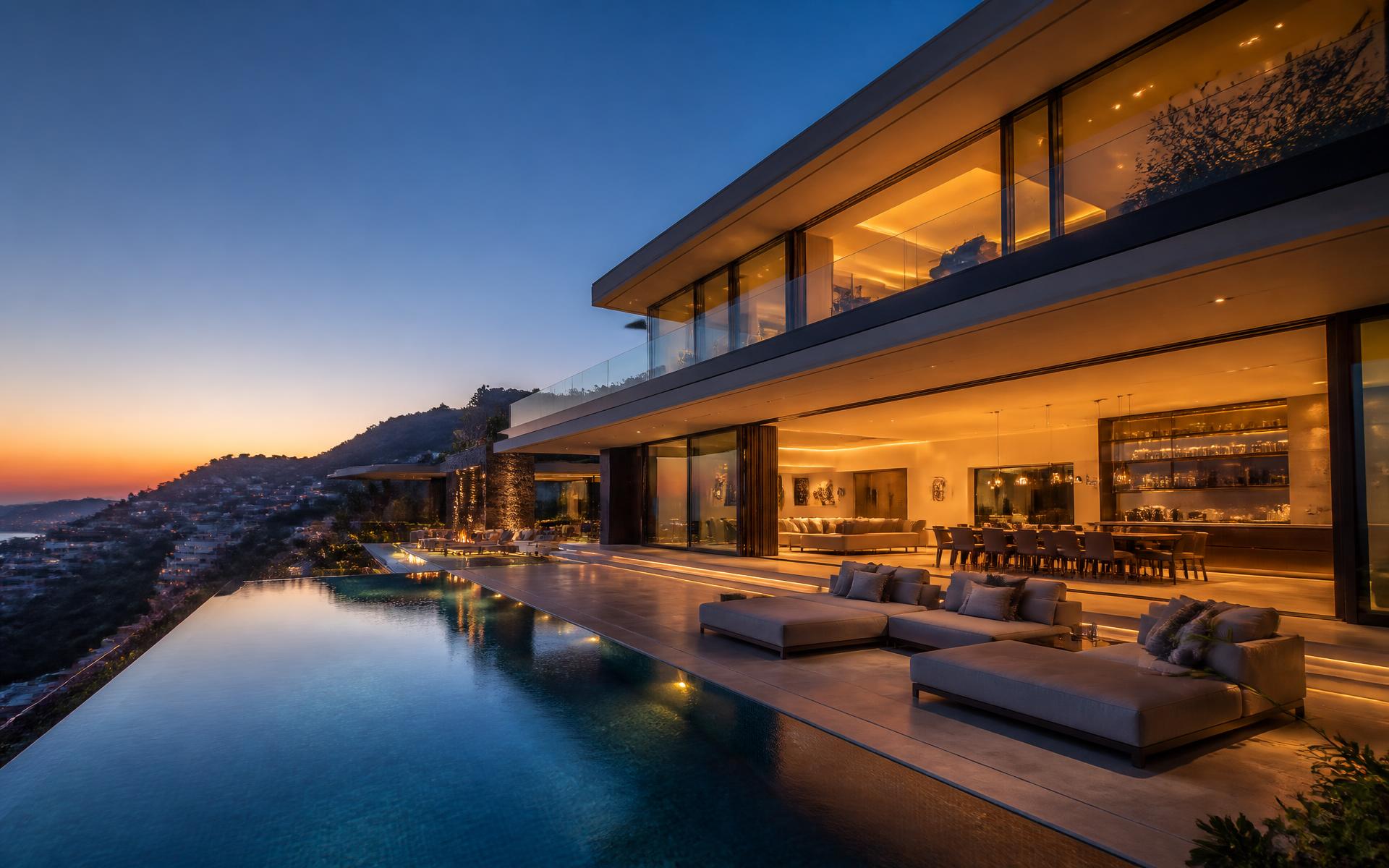 Contemporary cliffside villa with infinity pool at dusk